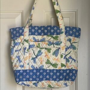 Dragonfly Patterned Tote Bag - Blue and Cream